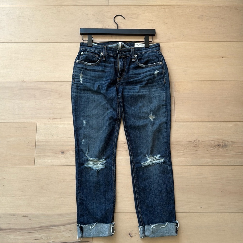 Rag & Bone dre low rise slim boyfriend jeans. Distressed  dark denim in size 24